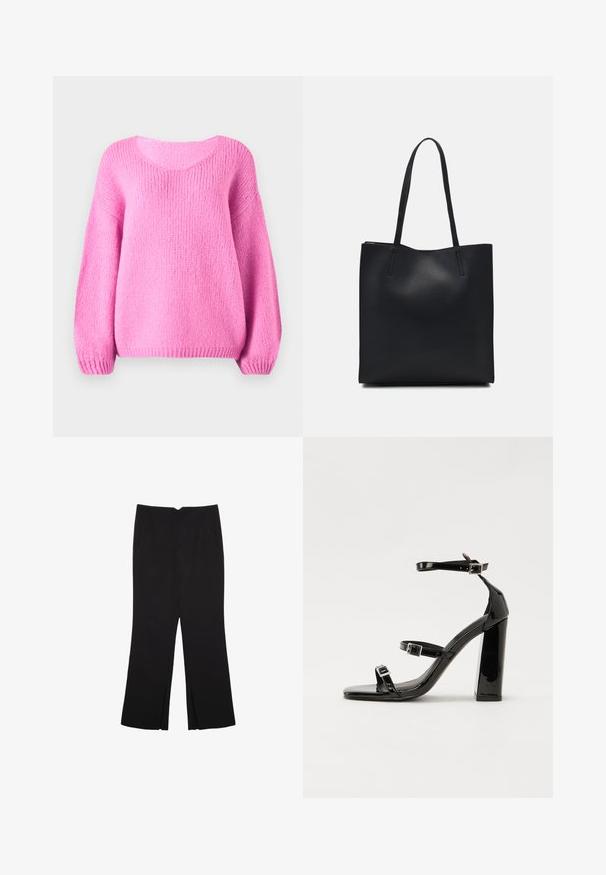 Rosa gestrickter Pullover mit rundem Ausschnitt, weiten Ärmeln und gerippten Bündchen. Weiche Textur und lockere Passform.; Schwarze Hose mit geradem Schnitt, ausgestattet mit Fronttaschen und Seitenschlitzen am Saum. Hergestellt aus weichem, glattem Stoff. Geeignet für verschiedene Anlässe.; Schwarze patentierte Sandalen mit Absatz, quadratischer Spitze, Knöchelriemen und silbernen Schnallen. Mit einem stabilen Blockabsatz für mehr Stabilität.; Schwarze Laptoptasche aus Leder mit glatter Textur, rechteckiger Form und zwei langen Griffen. Keine sichtbaren Beschläge oder Verzierungen.