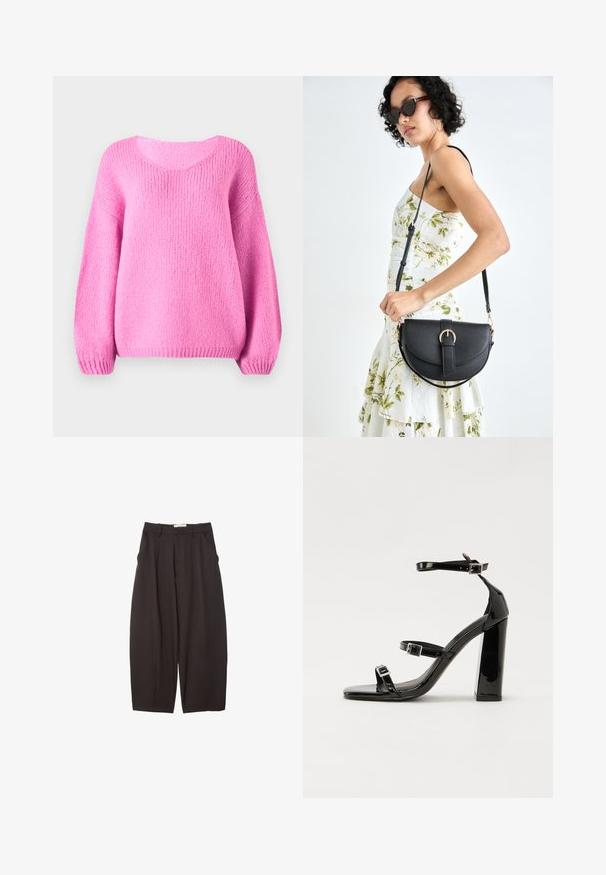 Roza pletena pulover s okruglim izrezom, širokim rukavima i rebrastim manžetama. Mekana tekstura i opušteni kroj.; Crne široke hlače napravljene od glatke tkanine, s visokim strukom, prednjim nabranjima i bočnim džepovima. Jednostavan dizajn bez ukrasa.; Crne lakirane sandale na visoku petu s dva remena s kopčama, kvadratnim vrhom i masivnom blok petom, s glatkom, sjajnom teksturom.; Crna kožna torba s lukovitim oblikom, odvojivim remenom i zlatnim detaljima. Torba ima preklop s kopčom.