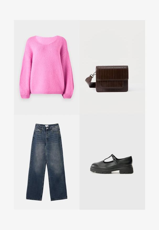 Rožinis megztinis su apvaliu iškirpimu, plačiomis rankovėmis ir raukšlėtomis rankogaliais. Minkšta tekstūra ir laisvas siluetas.; Vyriški mėlyni džinsai su aukštu liemeniu, plačiais džinsais, priekyje su mygtuku ir užtrauktuku, taip pat su priekiniu ir galiniu kišeniu.; Marco Tozzi Įmautiniai batai - black; Ruda odinė per petį nešiojama rankinė su tekstūruota apdaila, užsegama su skląsčiu, reguliuojamu dirželiu ir priekinė kišenė. Kompaktiškos, stačiakampės formos.