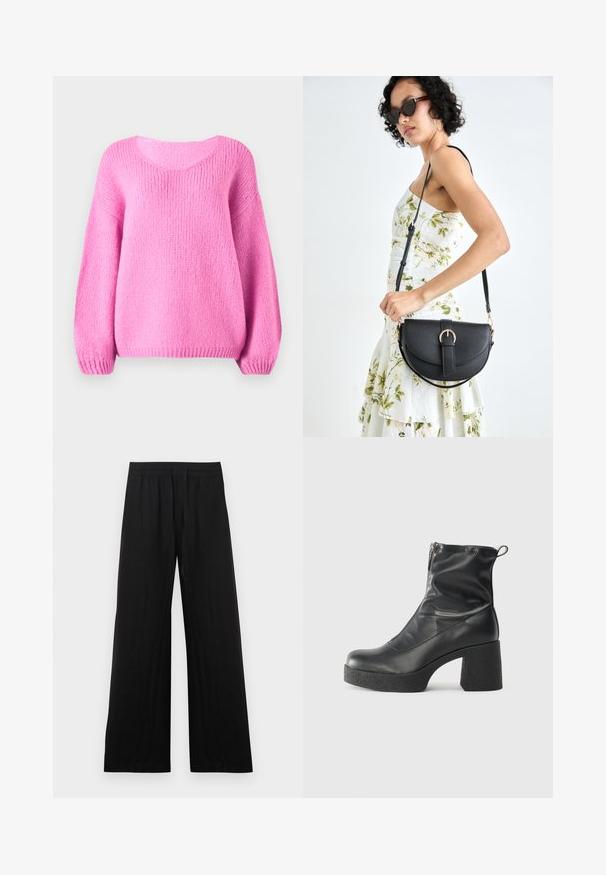 Rožinis megztinis su apvaliu iškirpimu, plačiomis rankovėmis ir raukšlėtomis rankogaliais. Minkšta tekstūra ir laisvas siluetas.; Juodos plačios medvilninės kelnės. Turi elastingą juosmenį ir lygų, tekstūruotą paviršių. Be matomų raštų ar akcentų.; Juodos kulkšninių botai, pagaminti iš lygaus odos, su šoniniu užtrauktuku, masyviu tekstūruotu kulnu ir apvaliu pirštu.; Juodas odinis krepšys su išlenkta forma, nuimamu dirželiu ir auksiniais detalėmis. Krepšys turi kilpą su sagtimi.