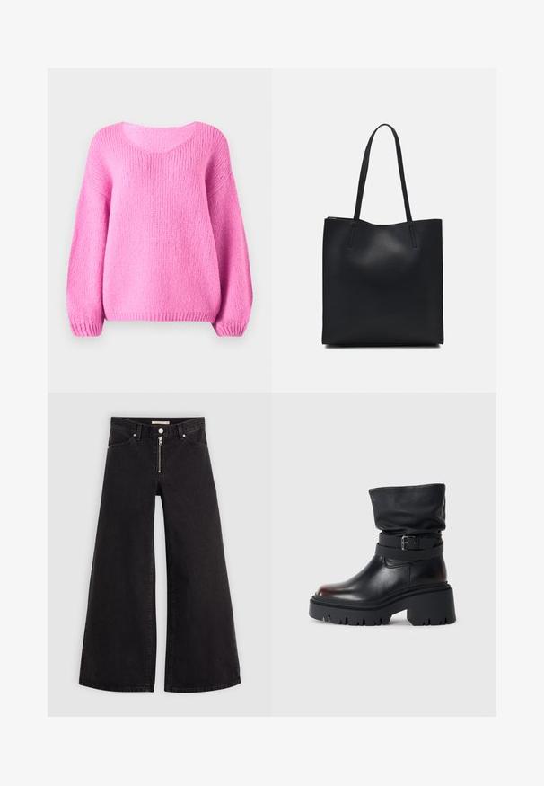 Rosa strikket genser med rund hals, vide ermer og ribbede mansjetter. Myk tekstur og avslappet passform.; Vide benbukser i sort denim med glidelås i front, fem-lomme design og subtile sømdetaljer. Glatt tekstur og avslappet stil.; Svart lær ankelstøvel med en slapp overdel, spenne detaljer og tykk, robust såle. Har en rund tå og glatt tekstur.; Svart lær tote bag med glatt tekstur, rektangulær form og to lange håndtak. Ingen synlige deler eller dekorasjoner.