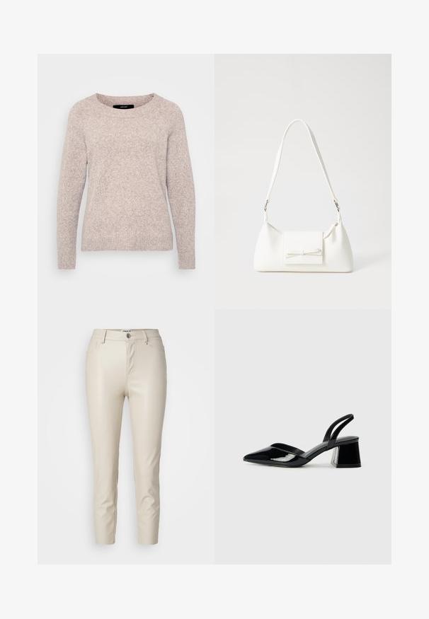 Világos bézs pulóver puha kötött anyagból készült. Kerek nyakú, hosszú ujjú, bordás mandzsettákkal és aljjal rendelkezik. Egyszerű, texturált kialakítás.; Beige műbőrnadrág karcsú fazonnal, elülső zsebekkel és gombos záródással, sima textúrával és szűkített lábakkal.; Fekete lakk bőr szandálkés magas sarkú cipő, hegyes orral és geometrikus tömbsarkakkal. Karcsú, minimalista dizájn és sima textúra jellemzi.; Fehér szintetikus kézitáska, háromszög alakú, lapos előlap, masni részlettel, állítható pánttal, sima textúrával és minimalista dizájnnal.