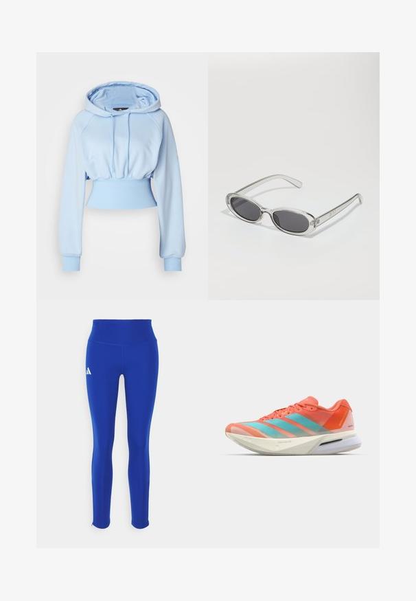 adidas by Stella McCartney HOODIE - Džemperis su gobtuvu - glow blue; Mėlyna trumpomis rankovėmis sportinė marškinėliai su apvali kaklo iškirpte; pagaminti iš lengvos medžiagos; kairiajame petyje yra baltas Adidas logo.; Mėlynos sportinės legging'os su aukštu liemeniu, pagamintos iš tamprios medžiagos, su balta logotipu ant kairiojo klubų ir diskretiškomis siūlėmis.; Bėgimo bateliai su orui pralaidžia tinklelio viršutine dalimi koralinės ir akvamarino spalvų, su trimis juostelėmis, paminkštintu padu ir sultingu dizainu.; Akiniai nuo saulės ovalo formos, su skaidriu plastiko rėmu, tamsiai pilkais objektyvais ir plonomis skaidriomis šakėmis, dekoruotais logotipų akcentais ir minimaliais detalėmis.
