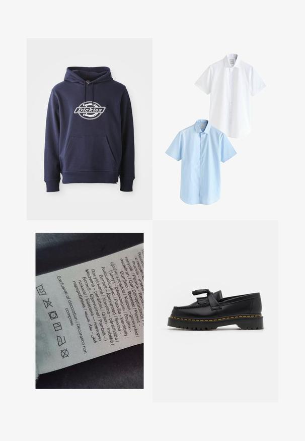 Felpa blu navy realizzata in tessuto misto cotone. Caratterizzata da una tasca frontale e cappuccio con coulisse. Logo bianco "Dickies" sul petto in un design circolare.; Due camicie a manica corta: una bianca e una azzurro chiaro. Entrambe presentano un'apertura con bottoni, colletto, tessuto di cotone liscio e vestibilità standard.; Etichetta con testo multilingue, simboli di cura e icone di riciclo, stampata su un materiale morbido simile a stoffa di colore chiaro.; Mocassino in pelle nera con un'accento a frange, dotato di una suola nera spessa e cuciture gialle lungo il bordo. Finitura testurizzata.