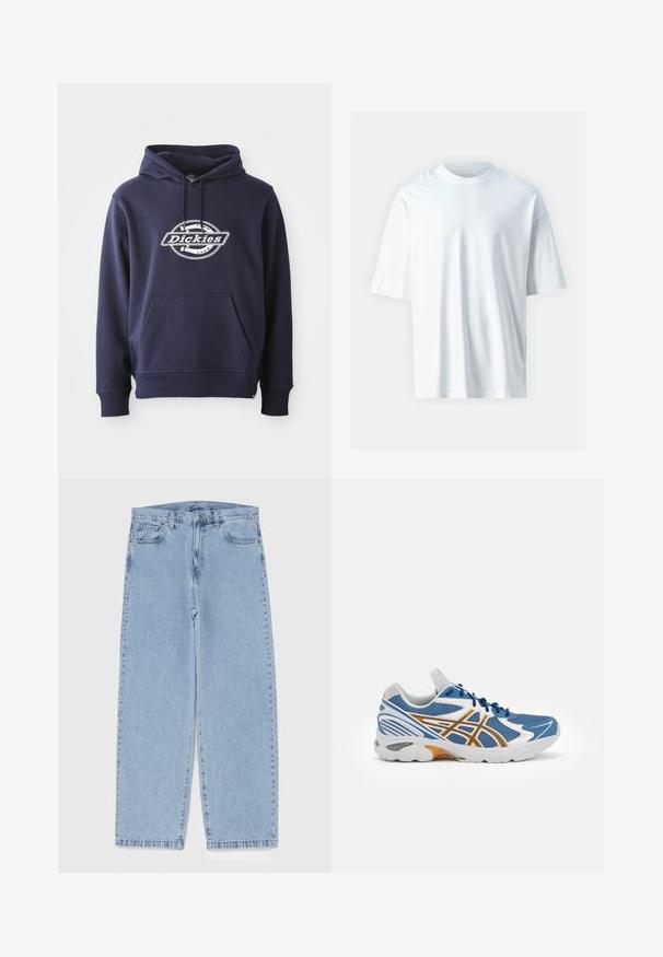 Námornícky modrá mikina vyrobená z bavlneného zloženia. Obsahuje predné vrecko a kapucňu so šnúrkou. Biele logo "Dickies" na hrudníku v kruhovom dizajne.; Biela krátka rukávová tričko vyrobené z mäkkej bavlny. Obsahuje okrúhly výstrih, voľný strih a hladkú textúru. Bez viditeľných vzorov alebo akcentov.; Svetlomodré denimové džínsy s rovnými nohavicami, s polovysokým pásom, piatimi vreckami a zapínaním na gombík a zips.; Modrá športová obuv s sieťovaným zvrškom, bielymi a oranžovými akcentmi, polstrovanou medzipodošvou a štruktúrovanou gumovou podrážkou. S možnosťou šnurovania.