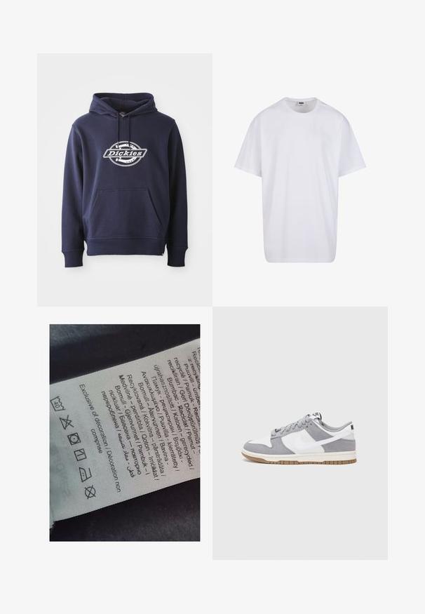 Hanorac bleumarin dintr-un amestec de bumbac. Dispune de o buzunar frontal și un glugă cu șnur. Logo-ul alb „Dickies” pe piept într-un design circular.; Tricou alb din bumbac cu mâneci scurte, decolteu rotund, croială lejeră și fără logo-uri sau modele vizibile. Textură netedă și design minimalist.; Etichetă cu text în mai multe limbi, simboluri de îngrijire și icoane de reciclare, imprimată pe un material moale, asemănător cu țesătura, de culoare deschisă.; Adidașii Nike prezintă o parte superioară din piele întoarsă gri și piele albă cu perforații, șireturi rotunde și o talpă gumă pentru aderență.