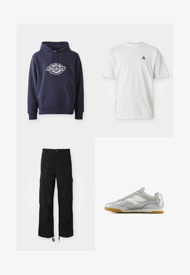 Tummansininen huppari, joka on valmistettu puuvillasekoitteesta. Siinä on etupuolella tasku ja kiristettävä huppu. Valkoinen "Dickies"-logo rinnan kohdalla ympyrämuodossa.; Valkoinen lyhythihainen T-paita, jossa on pieni musta kolmiologo, jonka sisällä on "acg" vasemmassa rinnassa, yksinkertainen tausta.; Mustat cargo-housut kestävästä kankaasta, joissa on kaksi sivutaskua, nappikiinnitys ja säädettävät lahkeet rentoa ja väljä istuvuutta varten.; Hopea urheilukenkä, jolla on sileä, kiiltävä pinta, valkoinen logo sivussa, teksturoitu harmaa nauha ja kuminen pohja.