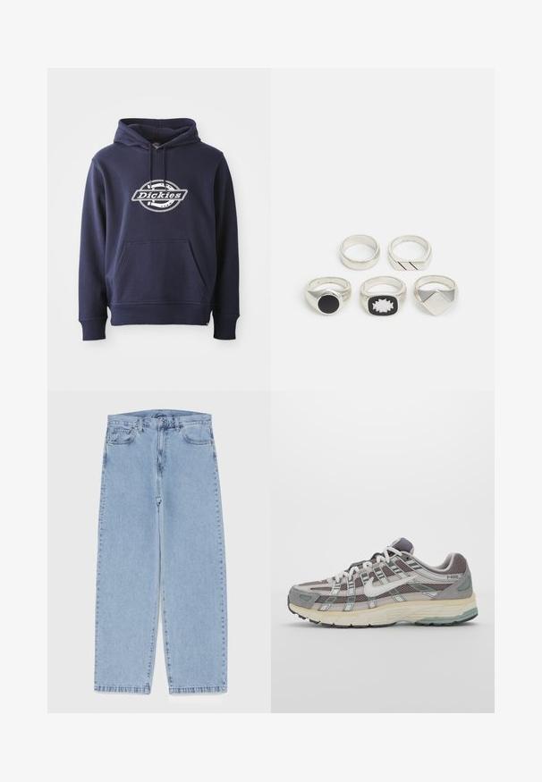 Mørkeblå hettegenser laget av bomullsblanding. Har en frontlomme og justerbar hette. Hvitt "Dickies"-logo over brystet i en sirkulær design.; Lyseblå denimjeans med rett ben-design, med mid-rise liv, fem lommer og knap og lynlås lukning.; Grå treningssko med overdel i nett og semsket skinn, hvite detaljer, en polstret såle, og et særpreget design med reflekterende elementer.; Fem sølvringer: en med et svart sirkulært detalj, en med et hvitt og svart geometrisk mønster, og de andre med forskjellige former og overflater.