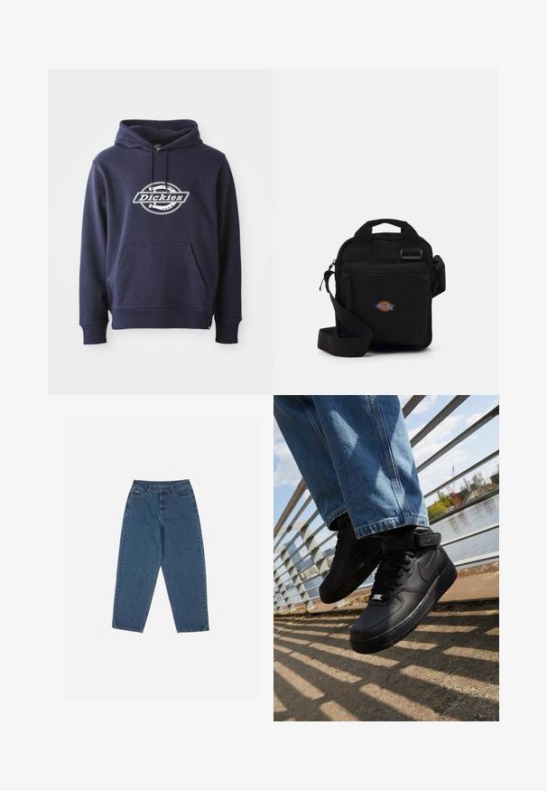 Námořnická modrá mikina s kapucí vyrobená z bavlněné směsi. Obsahuje přední kapsu a kapuci se šňůrkou. Bílé logo "Dickies" přes hrudník v kruhovém designu.; Modré džíny z denimu s volným střihem, vysokým pasem, pěticí kapsami a akcenty prošití. Mají zapínání na knoflík a zip.; Černé tenisky Nike Air Force 1 s koženým svrškem, síťovinovou jazykem a gumovou podrážkou, s vysokým designem a silnými tkaničkami.; Černá crossbody taška se zipovou kapsou, obdélníkový tvar, vyrobená z látky, s logem na přední straně, nastavitelné ramenní popruhy.; Pět stříbrných prstenů: jeden s černým kulatým detailem, jeden s bílým a černým geometrickým vzorem, a další s různými tvary a povrchy.
