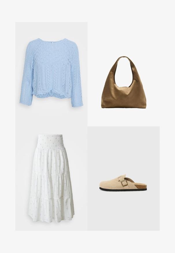 Světlomodrý pletený svetr s volným střihem, kulatým výstřihem a tříčtvrtečními rukávy. Má strukturovaný krajkový vzor a vlnkovaný lem.; Bílá sukňa s vrstvením, která má gumičkový pás a lehce modré dekorativní vzory po celé ploše. Vyrobena z měkké, lehké tkaniny.; Béžové semišové klouzavé dřeváky s korkovou stélkou, zaoblenou špičkou a jednoduchým páskem s kovovou sponou v zlatém tónu. Gumová podrážka pro lepší přilnavost.; Hnědá textilní taška přes rameno s širokým, zaobleným tvarem a velkým výřezem na rukojeť. Měkká textura, minimalistický design a žádné viditelné kovové prvky.