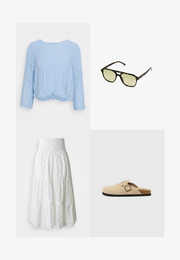 Vaaleansininen neulepaita, jossa on löysä istuvuus, pyöreä pääntie ja kolmanneksen pituiset hihat. Ominaisuuksina teksturoitu pitsikuvio ja aaltoileva helma.; Valkoinen kerroksittain oleva hame, jossa on smokkivahvistusvyötärö ja vaaleansiniä koristekuvioita ympäriinsä. Valmistettu pehmeästä, kevyestä kankaasta.; Beige mokkasiner i semsket skinn med korksåle, rund tå og en enkel stropp med gulltone spenne. Gummisåle for godt grep.; Aurinkolasit kilpikonnakuosisella kehysrakenteella, joissa on suorakulmainen muoto, vihertävät linssit ja kuvioitu asetaattikehys. Kehyksissä on metalliset yksityiskohdat linssien lähellä.