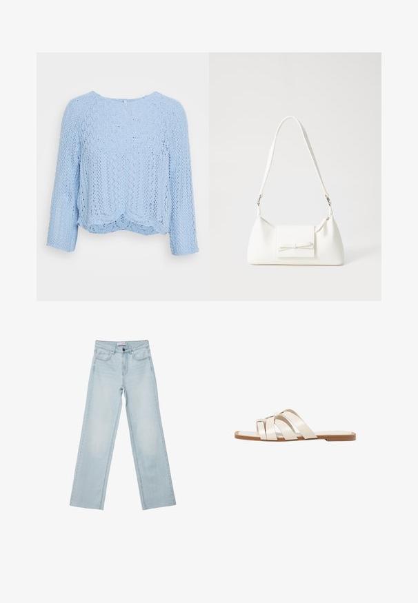Hellblauer Strickpullover mit lockerer Passform, rundem Ausschnitt und drei Viertelärmeln. Besitzt ein strukturiertes Spitzenmuster und einen gewellten Saum.; Hellblaue weit geschnittene Jeans aus Denim. Verfügt über fünf Taschen, einen Knopfverschluss und ausgeblichene Details. Klassischer gerader Schnitt mit lockerer Passform.; Flache Sandalen mit einer honigfarbenen Gummisohle, gestaltet mit drei überlappenden weißen Lederriemen und einem kleinen Schleifendetail in der Mitte.; Weiße synthetische Handtasche in dreieckiger Form, flache Vorderklappe und Schleifendetail, verstellbarer Trageriemen, glatte Textur und minimalistisches Design.