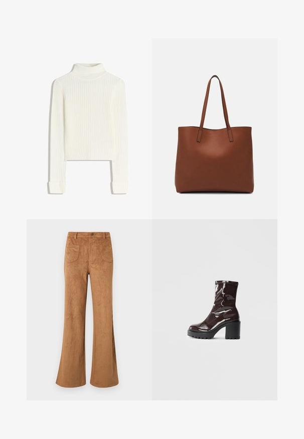 Fehér, bordázott, garbós pulóver hosszú ujjakkal és testhez simuló fazonnal. Puha tapintású, hajtogatott mandzsettákkal; rövidített hossz.; Barna velúr bővülő nadrág, magas derékkal, elülső és hátsó zsebekkel, sima textúrával. Kényelmes szabással a láb mentén.; Fényes bordó bokacsizma vastag fekete sarokkal, sima felülettel és egyszerű dizájnnal. Nincsenek látható zárak vagy minták.; Barna bőr vászontáska sima textúrával, nyitott tetejű dizájnnal és két vállpánttal. Minimális varrással és látható hardver nélkül készült.