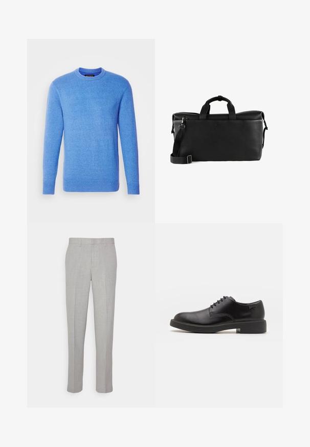 Blauer Strickpullover mit langen Ärmeln, rundem Ausschnitt, gerippten Bündchen und Saum. Weiches Material, einheitliche Farbe, etikettiert im inneren Kragen.; Hellgraue Hose mit glatter Textur, flachem Front und geraden Beinen. Aus atmungsaktivem Material gefertigt, mit Innentaschen und Gürtelschlaufen.; Schwarzer Leder-Schnürschuh mit abgerundetem Zeh, glatter Textur, minimaler Naht und niedrigem Gummiabsatz. Logo auf der Ferse.; Schwarze Ledertasche mit strukturiertem Oberflächen, doppelten Griffen, verstellbarem Schultergurt und Reißverschluss oben. Schlichte Logoschrift auf der Vorderseite.