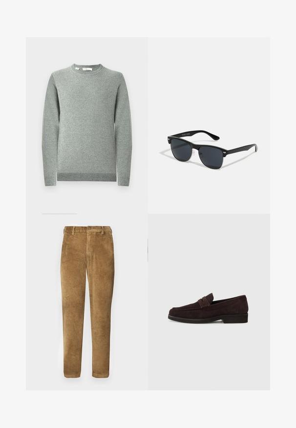 Camisola cinzento claro em malha com decote redondo, mangas compridas, punhos e bainha canelados. Tecido texturizado com um padrão subtil.; Calças de veludo cotelê castanhas com textura ribbed vertical, corte reto, fecho de botão e passadores de cinto. Tecido suave com um acabamento macio.; Mocassins de camurça castanhos com um perfil baixo e ponta arredondada. Apresentam uma faixa decorativa na parte superior, sola de borracha plana e sem costuras visíveis.; Óculos de sol pretos com forma retangular, lentes escuras, detalhes em prata nas hastes e um acabamento mate na armação.; Pier One SET - Relógio - black/brown