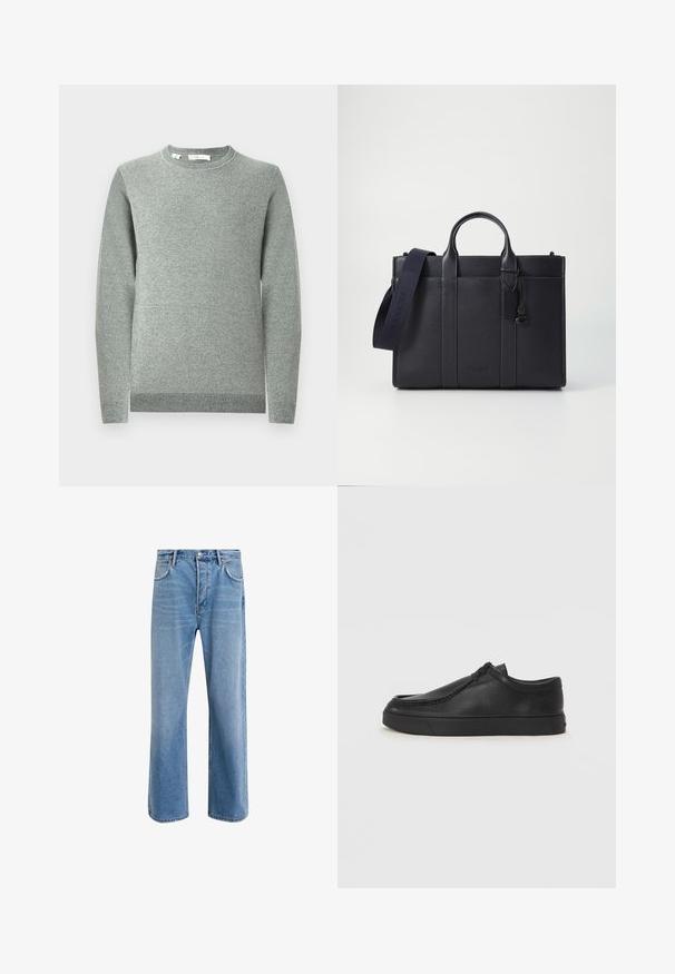 Svijetlosiva pletena majica s okruglim izrezom, dugim rukavima, rebrastim rubovima na rukavima i donjem dijelu. Teksturirani materijal s suptilnim uzorkom.; Svijetloplave traperice s ravnim nogavicama, pet džepova, zatvaranjem na gumb, minimalnim izbljeđivanjem i kontrastnim šavovima.; Crne kožne cipele bez vezivanja s okruglim vrhom, šivanim detaljima i crnom gumenom potplatom. Glatka tekstura s minimalističkim dizajnom.; Tamno plavi kožni aktovka s dvije gornje ručke i odvojivim remenom. Ima teksturiranu površinu, vertikalno šivenje i detalj s logotipom.