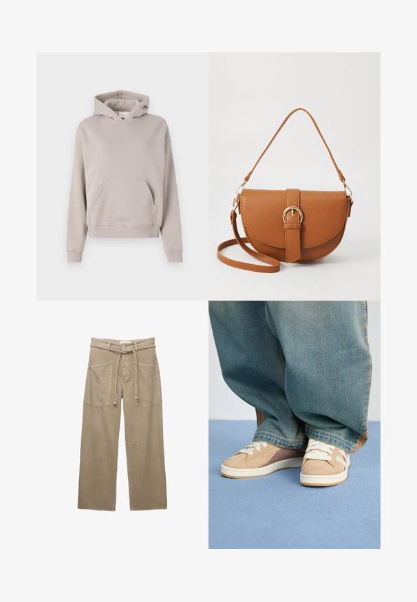 Svetlo béžová mikina s kapucňou vyrobená z mäkkej látky, s predným vreckom, rebrovanými manžetami a lemom, a minimalistickým dizajnom.; Béžové nohavice s širokými nohavicami vyrobené z odolnej textílie, s veľkými prednými vreckami, vrkočovým opaskom a diskrétnymi švovými detailmi.; Béžové tenisky zo zamatového a textilného materiálu, s bielymi šnúrkami, svetlohnedými akcentami a textúrovanou podrážkou. Nosené s voľnými modrými denimovými nohavicami.; Hnedá kožená kabelka cez telo s zakriveným tvarom, zlatými kovovými doplnkami a akcentom s prackou. Obsahuje odnímateľný ramenný popruh.