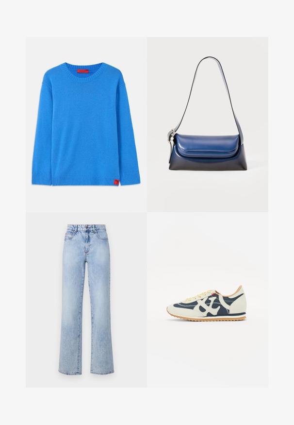 Modrá pletená sveter s okrúhlym výstrihom, rebrovanými manžetami a lemom. Na dolnej bočnej šve je malá červená nálepka s nápisom "MAX&Co".; Svetlo modré vysoké džínsy s rovnými nohavicami, ktoré majú vyblednutú denimovú textúru, červené švy a klasický dizajn s piatimi vreckami.; Tenisky s kombináciou krémovej, námorníckej a semišovej látky, dizajn so šnurovaním, diagonálne švy a gumová podrážka s trakciou.; Námorná kožená kabelka s hladkým povrchom, zaobleného tvaru, s preloženým vrchom a jedným ramenným pásom. Obsahuje strieborné kovanie.