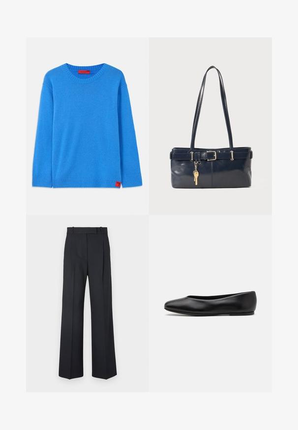 Blue knit sweater with a round neckline, ribbed cuffs, and hem. Features a small red tag with "MAX&Co" at the lower side seam.; Dark blue pinstriped trousers with a high waist, wide leg design, and no visible hardware or embellishments. Smooth texture and tailored fit.; Paul Smith TOPANGA - Ballet pumps - black; Navy leather handbag with two long handles, a buckle detail, and a keychain attached. Features a smooth texture and a rectangular shape.
