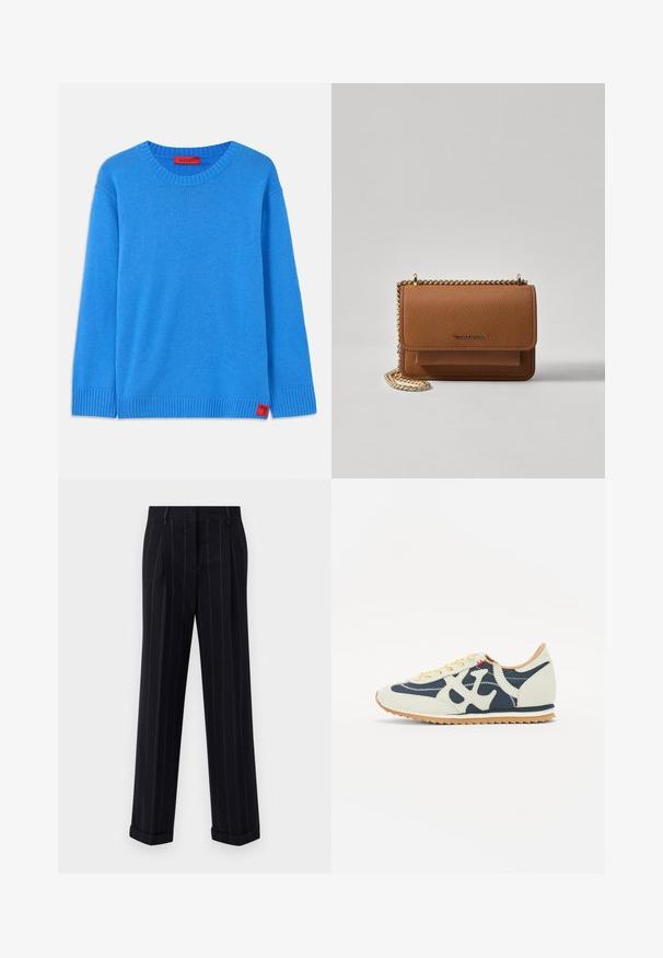 Kék kötött pulóver kerek nyakkivágással, bordázott mandzsettákkal és alsó peremmel. Az oldalsó varrásnál egy kis piros címke található, rajta a "MAX&Co" felirattal.; Fekete csíkos nadrág, testre szabott fazonnal, cuffolt szegéllyel és elülső redőkkel. Sima anyagból készült, strukturált kialakítással.; Sportcipő, amely krém, sötétkék és velúr anyagok keverékéből készült, fűzős dizájnnal, átlós varrással és tapadós gumitalppal.; Barna textúrájú bőr keresztbody táska arany lánc pánttal és fedélzárral. Az elején logó részlet és egy zseb található a fedél alatt.