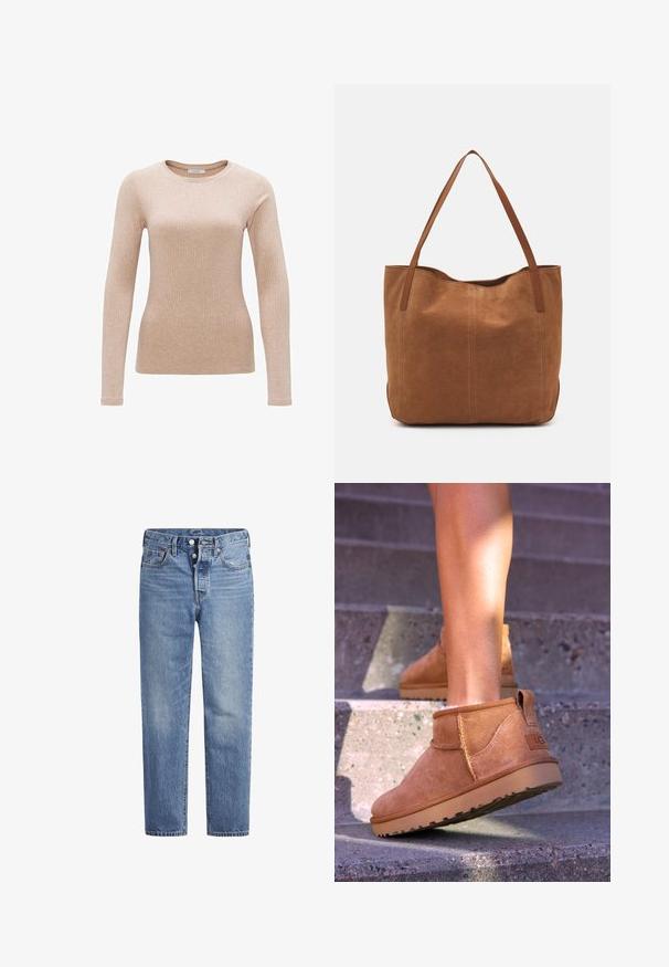 OPUS SULIKKO SOFT - Langarmshirt - macadamia; Helle blaue Jeans im geraden Schnitt, mit fünf Taschen und einem Knopfverschluss. Sie weisen dezente Verfärbungen und orangefarbene Nähte auf.; Beige Wildleder-Ankelstiefel mit weicher Textur, gesteppten Details und einer Gummisohle, ausgestattet mit einer Schlaufe an der Ferse für einfaches An- und Ausziehen.; Braune Wildleder-Tote mit zwei langen Henkeln, die eine glatte Textur, ein einfaches Design und keine sichtbaren Beschläge oder Akzente aufweist.