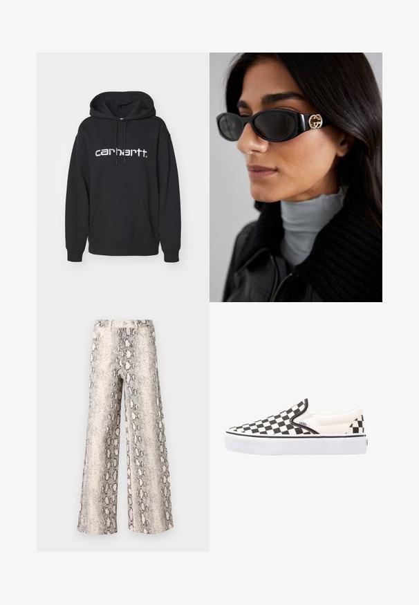 Black hooded sweatshirt made of cotton, featuring a kangaroo pocket, cuffed sleeves, and white embroidered "carhartt" logo on the front.; Wide-leg pants in a snake print pattern, featuring a cream and gray color scheme, made from textured fabric with a high-waisted design.; Black and white checkered slip-on Vans shoes with a canvas upper, rubber outsole, and padded collar. Flat, round toe with white sole accents.; Black sunglasses featuring a sleek rectangular frame with a gold logo accent on the side. Dark lenses and glossy finish are prominent.