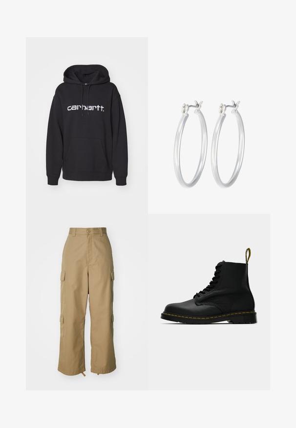 Mustat hupparitakki, joka on valmistettu puuvillasta ja jossa on kengurulaukku, hihansuissa on resorit ja edessä on valkoinen brodeerattu "carhartt"-logo.; Beige cargo-housut korkealla vyötäröllä, leveillä lahkeilla ja neljällä suurella sivutaskulla. Valmistettu kestävästä kankaasta, jossa on sileä pinta ja minimaalinen yksityiskohtaisuus.; Musta nahkasaapas nauhakiinnityksellä, jossa on keltaiset tikkaukset pohjassa ja merkkivetoketju kantapäässä, esitetty sivulta yksinkertaisella taustalla.; Hope-silver rengas, joissa on sileä ja kiillotettu pinta. Pyöreä muoto ja turvallinen napsautettava lukitus. Kevyt muotoilu sopii päivittäiseen käyttöön.