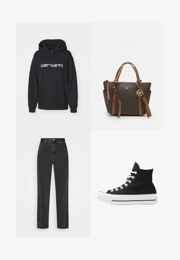 Črna kapuca iz bombaža, z žepom v obliki kenguruja, manšetami na rokavih in belim vezenim logotipom "Carhartt" na sprednji strani.; Črne denim hlače s ravnimi nogami in visokim pasom, sprednjim gumbom in zadrgo ter petimi žepi na belem ozadju.; Visoke črne platnene superge z belimi režami, vezalkami in gumijastim podplatom. Ponašajo se z teksturiranim zaščitnikom za prste in črno-belimi črtami.; Rjava monogram torbica z dvema zgornjima ročajema, zlatotone opreme in snemljivo ketico. Ima zadrgo na vrhu in stranske žepe.