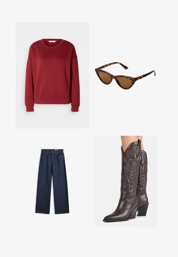 Rode sweatshirt met een ronde hals, design met drop shoulder, geribde manchetten en zoom. Gemaakt van een zachte, gladde stof in een eenvoudige, effen kleur.; Brede donkerdenim jeans met vijf zakken, zichtbare stiksels en een knoopsluiting. Beschikt over een recht pasvorm en lichte slijtage.; Bruine leren cowboylaarzen met een spitse neus en blokhak, voorzien van gedetailleerde stiksels en verhoogde accenten op de schacht.; Cat-eye zonnebril met een zwart en oranje schildpadframe, bruine lenzen en slanke, puntige uiteinden. Bevat een minimalistisch logo op de poot.; Kleine crèmekleurige handtas met een textuurafwerking, een lange verstelbare schouderband, een kettingaccent en een klepsluiting. Gouden hardware-details.