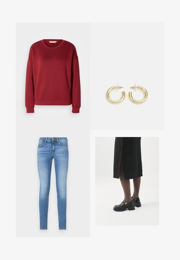 Roter Pullover mit Rundhalsausschnitt, Drop-Shoulder-Design, gerippten Bündchen und Saum. Hergestellt aus einem weichen, glatten Stoff in einer einfachen, einfarbigen Ausführung.; Slim-Fit hellblaue Jeans im Denim-Stil mit mittelhohem Bund, vorderem Knopf und Fünf-Taschen-Design.; Schwarze Lederschuhe mit abgerundetem Zeh, dicker Blockabsatz und elastischen seitlichen Akzenten, kombiniert mit dunklen Strumpfhosen und einem schwarzen Rock mit Schlitz.; Goldene Creolen mit einer glatten, glänzenden Oberfläche. Zirkuläres Design mit einem kleinen Stecker und einer klaren Rückseite für einen sicheren Sitz.