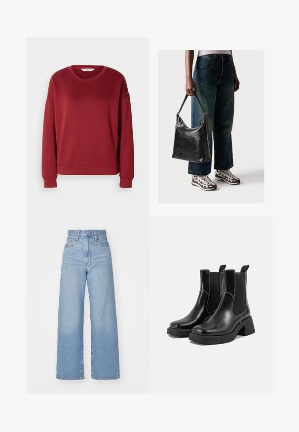 Roter Pullover mit Rundhalsausschnitt, Drop-Shoulder-Design, gerippten Bündchen und Saum. Hergestellt aus einem weichen, glatten Stoff in einer einfachen, einfarbigen Ausführung.; Hellblaue High-Waist-Weite-Leg-Jeans mit Knopf- und Reißverschluss vorne, Vorder- und Rückentaschen, auf weißem Hintergrund.; Schwarze Leder Chelsea-Stiefel mit einem klobigen Absatz, elastischen seitlichen Einsätzen und kontrastierendem weißen Nähten. Strukturierte Oberfläche.; Schwarze Leder-Schultertasche mit glatter Textur und verstellbarem Riemen, kombiniert mit ausgewaschenen weit geschnittenen Jeans und sportlichen Sneakern.