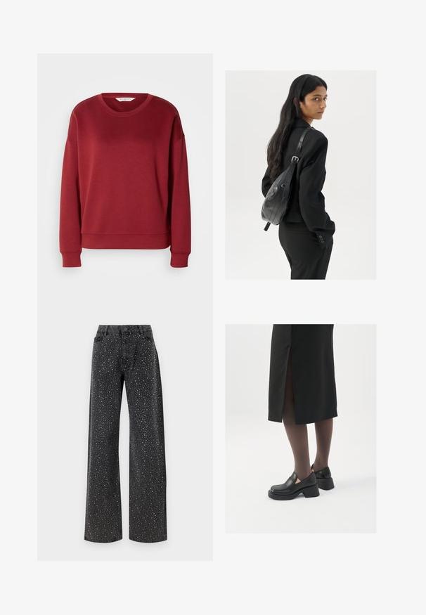 Red sweatshirt with a round neck, drop shoulder design, ribbed cuffs, and hem. Made from a soft, smooth fabric with a simple, solid color.; Noisy May NMJANNEL LOOSE - Relaxed fit jeans - black denim; Black leather shoes with a rounded toe, thick block heel, and elastic side accents, paired with dark tights and a black skirt with a slit.; Woman with long dark hair wearing a black suit, carrying a black leather shoulder bag, looking over her shoulder against a white background.; Silver hoop earrings with a minimalist design. Circular shape, smooth texture, and thin profile. Lightweight with a polished finish.