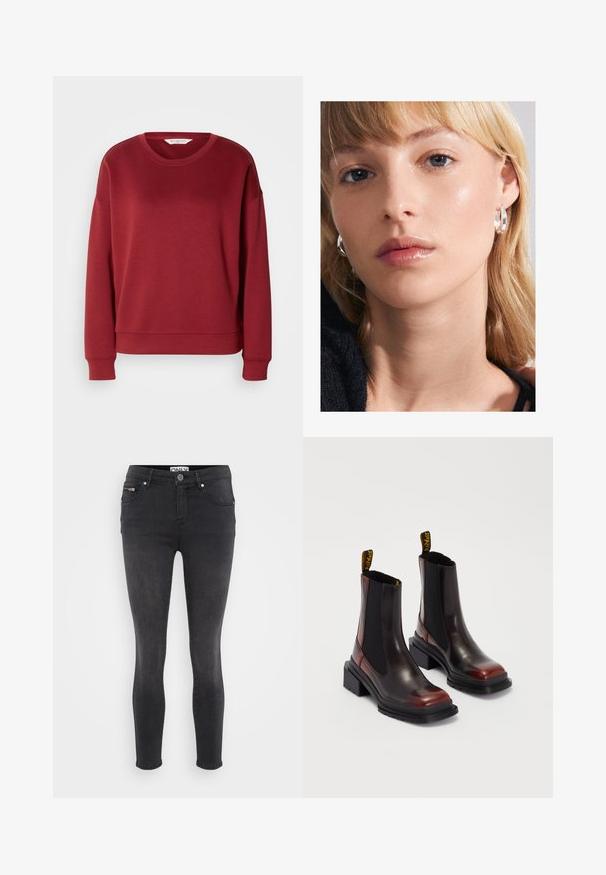 Punainen collegepaita, jossa on pyöreä kaula-aukko, pudotettu olkasuunnittelu, resorit hihoissa ja helmassa. Valmistettu pehmeästä, sileästä kankaasta, joka on yksinkertainen ja tasavärinen.; Mustat kapeat farkut, jotka on valmistettu denimistä. Ominaisuuksiin kuuluu edessä nappikiinnitys ja vetoketjullinen tasku vyötäröllä. Sileä pinta, jossa on vain vähän haalistumista.; Dr. Martens MAYBOLE CHELSEA - Platform-nilkkurit - black/cherry red; Pilgrim ASHER RECYCLED EARRINGS - Korvakorut - silver-coloured
