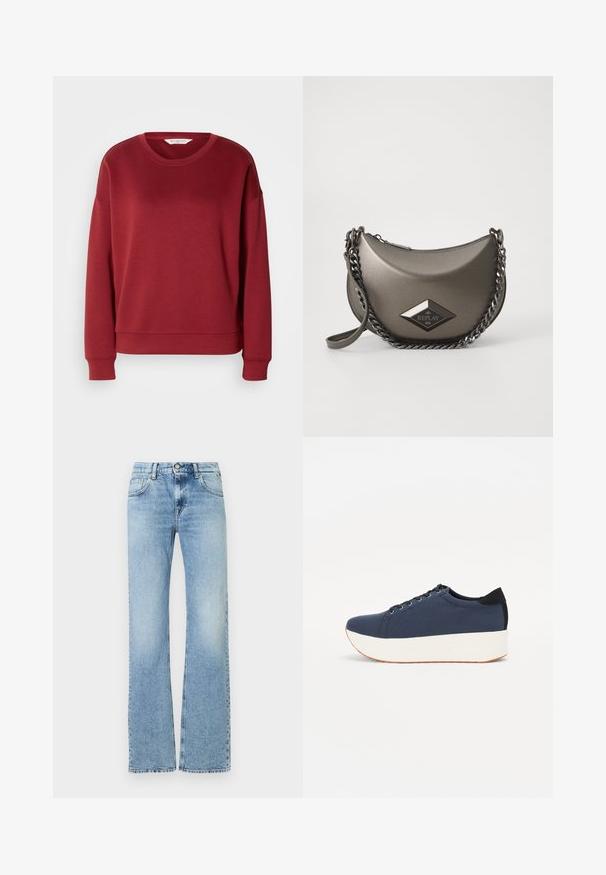 Red sweatshirt with a round neck, drop shoulder design, ribbed cuffs, and hem. Made from a soft, smooth fabric with a simple, solid color.; Light blue high-waist denim jeans with slight fading, front button, zipper closure, and five-pocket design, straight-leg fit.; Navy blue sneaker with a textured fabric upper, white platform sole, rounded toe, and black heel accent. Features six eyelets for laces.; Metallic gray crossbody bag with a half-moon shape, featuring a chain strap and a diamond logo patch. Smooth finish and zipper closure.