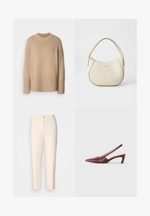 Beiger Strickpullover mit geripptem Saum und Bündchen, runder Halslinie und überschnittenen Schultern für eine legere Silhouette.; Cremfarbene, hochtaillierte Hose aus strukturiertem Stoff. Mit einem Knopfverschluss vorne und schmal zulaufenden Beinen.; Burgunderfarbene Slingback-High Heels mit spitzer Zehenform, Ausschnitten an den Seiten und einem Blockabsatz in mittlerer Höhe. Glatte Lederoberfläche.; Cremfarbener Handtasche mit strukturiertem Finish, gebogener Form, kurzem Griff und Logo-Detail in Gold. Reißverschlussverschluss oben.