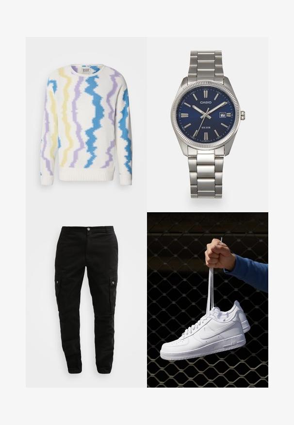 Weißer Pulli mit Zickzackmuster in Gelb, Helllila und Blau. Hat einen runden Ausschnitt sowie gerippte Bündchen und Saum. Hergestellt aus strukturiertem Strickstoff.; Schwarze Cargo-Hosen aus strapazierfähigem Material, mit Seitentaschen, Knopfverschluss und schlankem Design. Glatte Textur mit minimaler Detailgestaltung.; Weiße Leder-Sneaker mit Perforationen, runder Zehenpartie, flacher Sohle und dicken Schnürsenkeln, mit sichtbar eingesticktem Swoosh-Logo und "AIR" an der Ferse.; Silberner Armbanduhr aus Edelstahl mit einem dunkelblauen Zifferblatt, metallischen Stundenmarkierungen und einem Datumsfenster bei 3 Uhr. Wasserdicht bis 50 Meter.