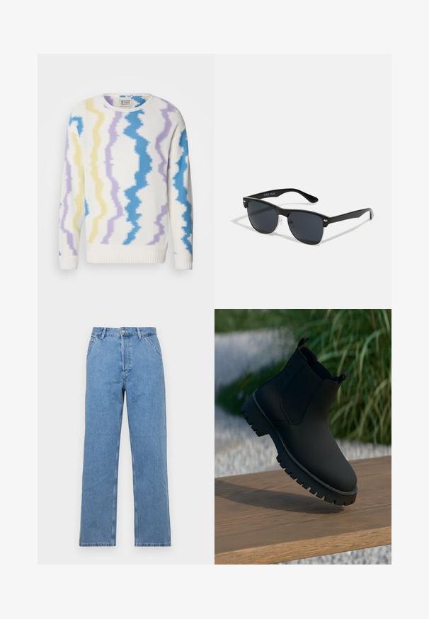 Hvit genser med sikksakkmønster i gult, lys lilla og blått. Har rund hals og ribbestrikkede mansjetter og kant. Laget av teksturert strikket stoff.; Lyseblå denim rettslit jeans med klassisk fem-lomme design, med knappstenging foran og beltesløyfer. Glatt tekstur.; Sorte ankelstøvler med en glatt finish, elastiske sidepaneler og en tykk, robust såle. Plassert mot en naturlig bakgrunn på en tresurface.; Sorte solbriller med rektangulær form, mørke linser, sølvfargede detaljer ved templene, og en matt finish på rammen.