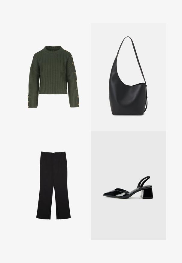 Grön ribsad tröja med båturringning, kort design och långa ärmar som har guldknappar längs vänster sida.; Svarta byxor med rak passform, utrustade med framfickor och sidoklyvningar vid fållen. Tillverkade av mjukt, slätt tyg. Lämpliga för olika tillfällen.; Svarta lackläder slingback klackar med spetsig tå och geometrisk klack. Har en elegant, minimalistisk design och slät yta.; Svart läder hobo-väska med en slät textur, kurvig form och en justerbar axelrem; har en bred öppning upptill.