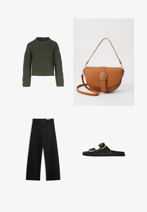 Pulover verde cu dungi, cu decolteu tip barcă, design scurt și mâneci lungi, având butoane aurii pe partea stângă.; Pantaloni din denim negri cu picioare largi, cu talie înaltă, având buzunare frontale și posterioare, cusături dublate și închidere cu nasture. Textură netedă.; Sandalie negre cu toc plat, cu două accente de cataramă aurie, din material texturat neted și design minimalist.; Geantă din piele maro, tip crossbody, cu o formă curbată, accesorii aurii și un accent cu cataramă. Dispune de un curea de umăr detașabilă.