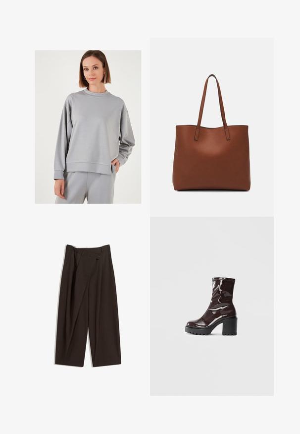 Svijetlosivi dukserica od mekanog materijala, s okruglim izrezom, spuštenim ramenima i rebrastim manžetama. Glatka tekstura s minimalnim dizajnerskim detaljima.; Tamno smeđe široke hlače s visokim strukom, s jednim dugmadi na zakopčavanju i pregibom sprijeda. Izrađene od laganog materijala.; Sjajna burgundska čizma do gležnja s debelim crnim potplatom, koja se odlikuje glatkom teksturom i jednostavnim dizajnom. Nema vidljivih kopčanja ili uzoraka.; Smeđa kožna torba preko ramena s glatkom teksturom, otvorenim vrhom i dvjema naramenicama. Ima minimalne šavove i nema vidljivog hardvera.