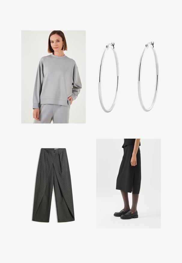 Ljusgrå sweatshirt i mjukt material, med rund hals, sänkta axlar och ribbade manschetter. Slät textur med minimala designdetaljer.; Grå randiga byxor med en avslappnad passform, med en enknapps-knäppning, veck och en vid byxdesign.; Svart knälång kjol med sidoklyv, kombinerad med svarta loafers och genomskinliga bruna strumpbyxor, med en slät textil och enkel design.; Silverörhängen med en slät, polerad yta och en tunn, cirkulär form. Designen har en säker låsning.
