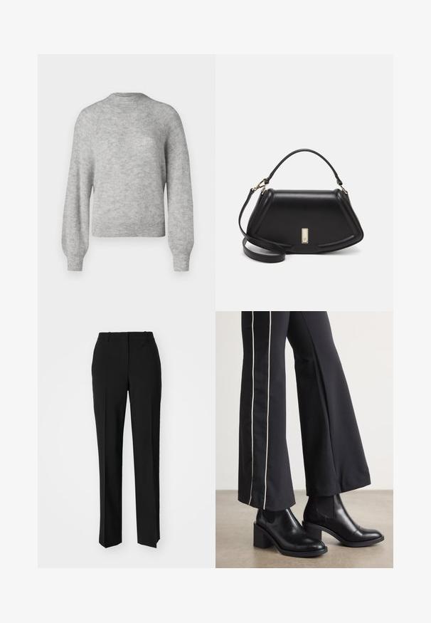 Hellgrauer, gestrickter Pullover aus weichem Stoff, mit rundem Halsausschnitt und langen, leicht puffigen Ärmeln mit gerippten Säumen.; Schwarze, taillierte Hose mit geradem Bein, aus einem glatten Stoff und mit klaren Falten an der Vorderseite. Keine sichtbare Hardware.; Schwarze Lederstiefeletten mit einem Blockabsatz, ausgestattet mit elastischen seitlichen Einsätzen. Kombiniert mit schwarzen Hosen, die einen weißen Seitenstreifen haben.; Schwarze Lederhandtasche mit einem strukturierten Design, das eine verkürzte Form, einen oberen Griff und goldfarbene Hardware-Details aufweist. Verstellbarer Schulterriemen ist enthalten.