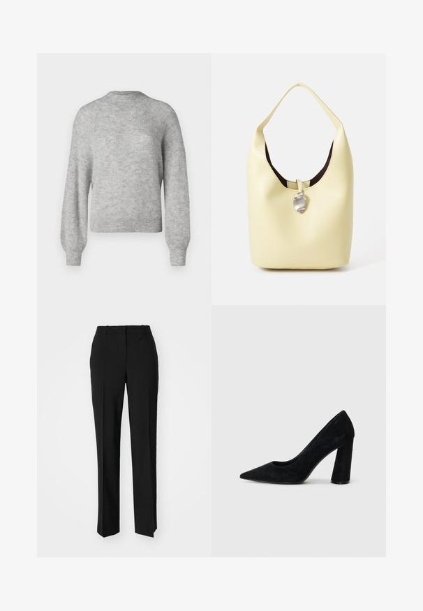 Svetlo sivo pleteno pulover iz mehkega materiala, ki ima okroglo izrez in dolge, rahlo napihnjene rokave z rebrastimi robovi.; Črne krojene hlače s direktnim krojem, ki se ponašajo z gladko teksturo in ostrimi pregibi spredaj. Ni vidne kovine.; Črni zamšasti salonarji z visoko peto, s koničastim nosom in debelo peto. Elegantna zasnova, gladka tekstura in minimalističen stil. Brez vidne blagovne znamke.; Hobo torba iz mehkega rumenega usnja z zaobljeno obliko. Ima gladko površino, temno notranjost in srebrn poudarek na zapiranju.