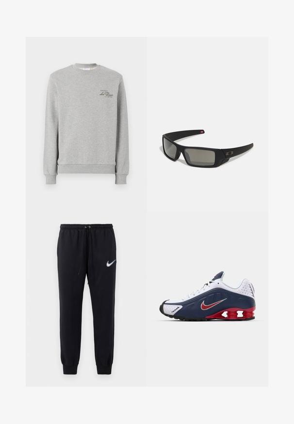 Szürke pulóver, puha pamut keverékből készült, kerek nyakú, bordázott mandzsettákkal és egy kis sötétzöld logóval a mellkasán.; Fekete Nike melegítőnadrág, elasztikus derékkal és húzózsinórral. Szűkített szárakkal és fehér hímzett logóval a bal combon.; Fehér és sötétkék sportcipő piros kiegészítőkkel, hálós panelek, párnázott gallér, valamint jellegzetes talpformázás látható párnázó elemekkel.; Fekete napszemüveg matt felülettel, téglalap alakú lencsékkel, enyhe ívvel a templomokon, diszkrét logó részlettel és füstszínű lencsékkel.