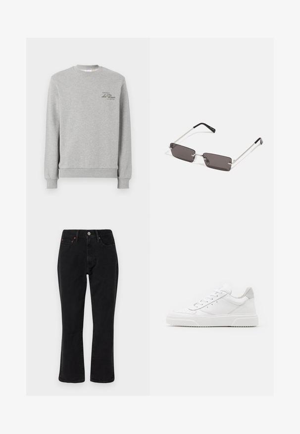 Γκρίζα φούτερ φτιαγμένη από μαλακή βαμβακερή σύνθεση, με στρογγυλή λαιμόκοψη, ριμπ μανσέτες και ένα μικρό σκούρο πράσινο λογότυπο στο στήθος.; Μαύρα τζιν παντελόνια με κανονική γραμμή, στυλ πέντε τσέπων και μεταλλική διακόσμηση με χαλκό. Λεπτή υφή και μεσαίο ύψος.; Λευκά δερμάτινα αθλητικά παπούτσια με απλή επιφάνεια, στρογγυλή μύτη, επίπεδα κορδόνια και ανάγλυφη σόλα. Γκρι σουέτ λεπτομέρεια στη φτέρνα.; Γυαλιά ηλίου με ορθογώνιους, σκούρους γκρι φακούς, ασημένιο μεταλλικό σκελετό και μαύρες πλαστικές άκρες στα χερούλια. Ελαφρύ σχέδιο με υποδοχές για τη μύτη.