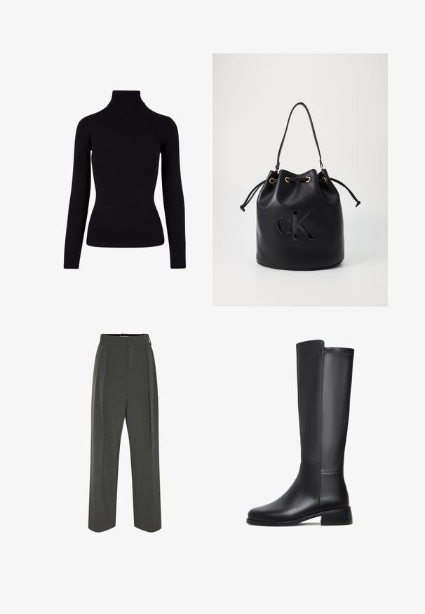 Pulover negru cu guler înalt, realizat dintr-un material tricotat moale, cu mâneci lungi și accente cu zimț la gât și tiv. Design ajustat.; Pantaloni gri cu picioare largi, realizați din material texturat, cu talie înaltă și pliuri frontale. Designul include o bandă de talie netedă și fără sisteme de prindere vizibile.; Cizma de piele neagră, până la genunchi, cu o textură netedă, vârf rotund, toc mic și detalii subtile de cusătură pe lateral.; Geantă bucket din piele neagră, cu închidere cu șnur, având un logo lucios "CK" pe față și accente din metal auriu.