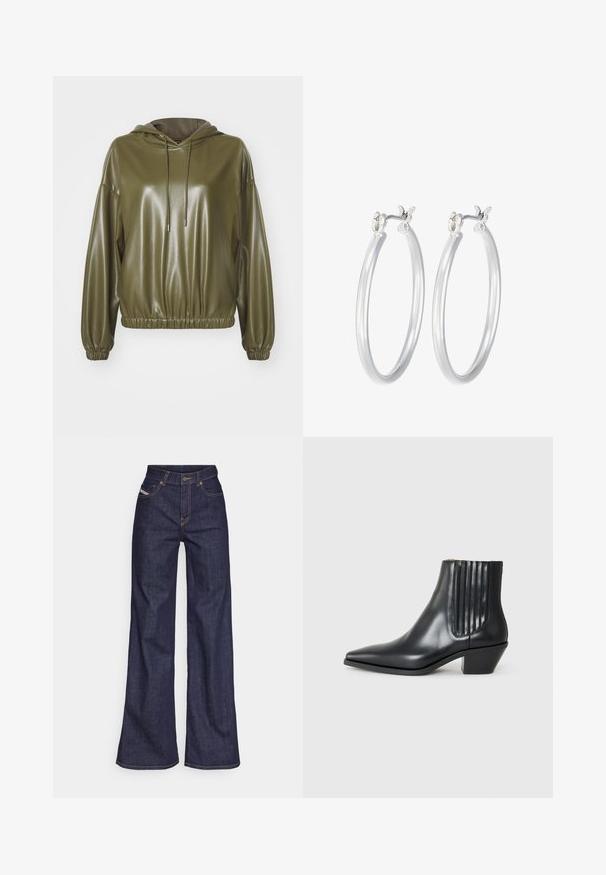 Olivovo zelená, lesklá mikina s kapucňou. Má voľný strih, elastický spodný lem a manžety, a šnúrky s kovovými koncami. Hladká textura.; Tmavomodré široké džínsy z denimu s vysokým pásom, zdobené oranžovým šitím, päť vreckovým dizajnom a zapínaním na gombík.; Čierna kožená členková topánka s špicatou špičkou, elastickými bočnými panelmi s vertikálnymi drážkami a nízkym blokovým podpätkom. Hladká textura a elegantný dizajn.; Strieborné kruhové náušnice s hladkým, lesklým povrchom. Kolový tvar a bezpečné klikanie na uzatváranie. Ľahký dizajn vhodný na každodenné nosenie.
