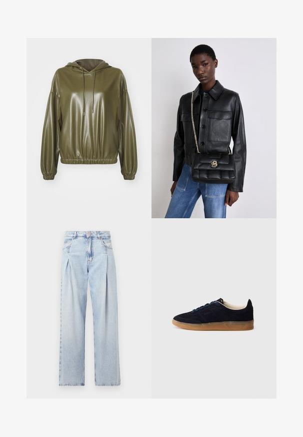Oliven grønn, skinnende hettegenser. Har en avslappet passform, elastisk nederkant og ermer, og snorer med metallender. Glatt tekstur.; Lyseblå denimjeans med høy livlinje, vide ben, to sidelommer og plisserte detaljer. Myk tekstur med en falmet finish.; Navy blå semsket sneakers med såle av gummikaramell, blå lisser og minimalistisk design. Har preget logo på siden og glatt innerfôr.; Svart skinnjakke med knappelukking og to frontlommer, sammen med en svart kviltet håndveske med gullspenne og kjedehank.