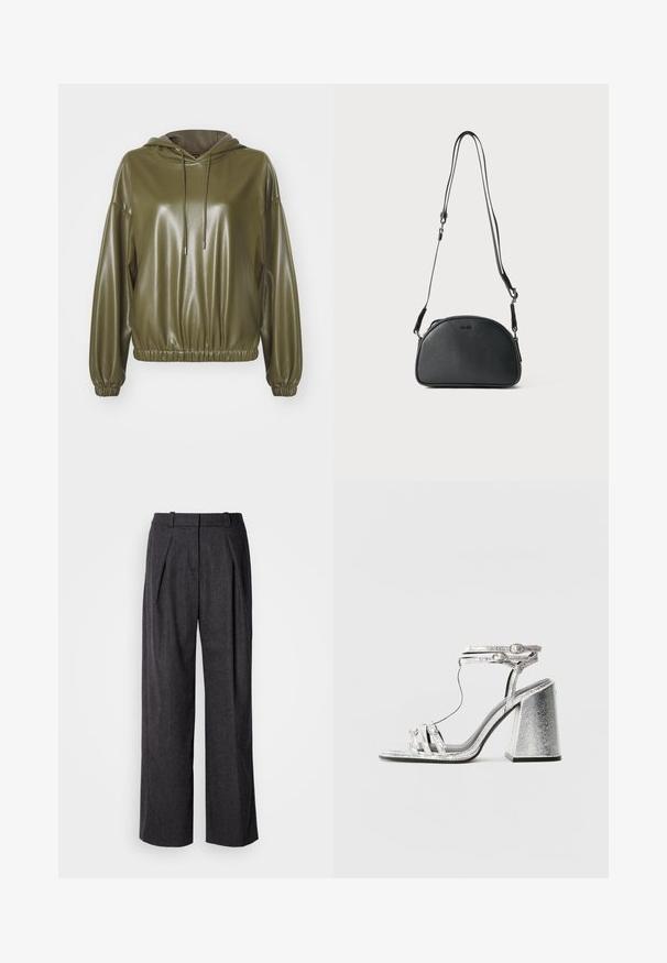 Olivovo zelená, lesklá mikina s kapucňou. Má voľný strih, elastický spodný lem a manžety, a šnúrky s kovovými koncami. Hladká textura.; Tmavošedé široké nohavice s textúrovanou tkaninou, s prednými záhybmi a klasickým dizajnom pásu. Žiadne viditeľné vrecká.; Strieborné sandále na blokovom opätku s tenkými remienkami a prackou na členku. Materiál má metalický povrch s textúrovaným vzhľadom.; Čierna kožená crossbody taška s okrúhlym tvarom, dvoma nastaviteľnými popruhmi a decentným logom vpredu. Textúrovaný exteriér, minimalistický dizajn.