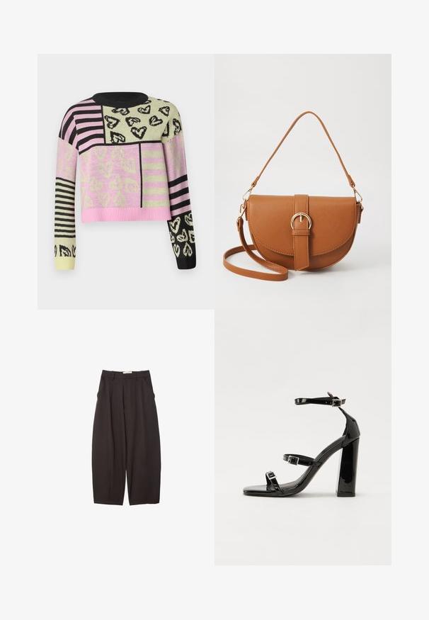 Virkat tröja med en kortad design i rosa, grön, svart och randiga mönster, prydd med hjärtmotiv och ribbad halsringning.; Svarta vida byxor i ett mjukt tyg, med hög midja, framfickor och sidofickor. Enkel design utan utsmyckningar.; Svarta lackerade klacksandaler med fyrkantig tå, ankelremmar och silverfärgade spännen. Har en kraftig blockklack för stabilitet.; Brun läder crossbody-väska med en böjd form, gyllene detaljer och en spänneaccent. Har en avtagbar axelrem.